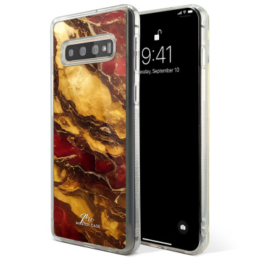 Coque Samsung Galaxy S21 Ultra Marbre Rouge et Doré 4 Grip Antichoc Translucide